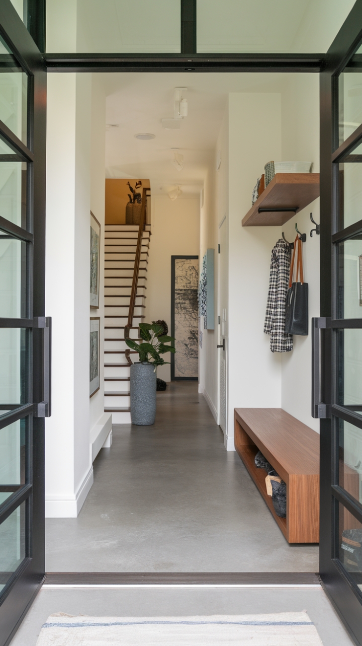 The contemporary entryway captivates with its clean lines and minimalist charm, showcasing a stylish mudroom that harmonizes function with elegance. The modern vestibule invites you into a bright hallway, where natural light dances across the chic decor and accentuates the graceful staircase in the background. A few curated pieces on the wall lend a personal touch, making this space not just an entrance, but a warm and welcoming introduction to the home.