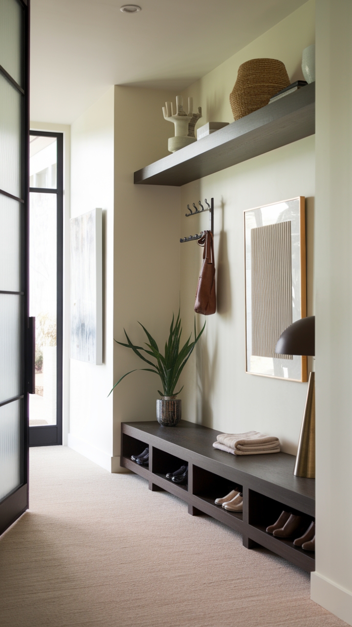 Modern minimalism meets sophisticated style. This chic entryway boasts a streamlined design, showcasing a harmonious palette of beige and dark wood. Subtle details, like the thoughtfully placed greenery and lamp, add a touch of personality without compromising the clean lines and tranquil atmosphere. A truly inviting space.