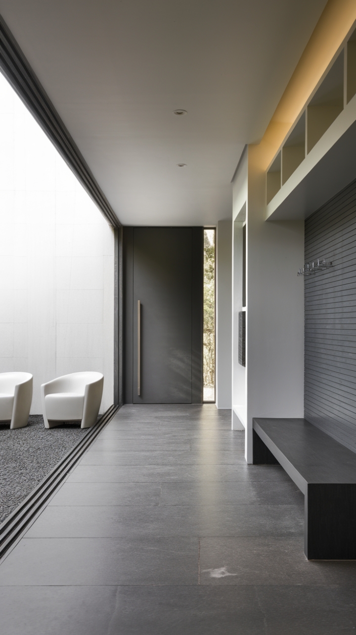 Modern minimalism takes center stage in this stunning hallway. The interplay of dark grey and crisp white creates a sophisticated contrast, highlighted by the spaciousness of the grey tile floor. Two elegant white chairs provide a quiet seating area, perfect for a moment of reflection before stepping into the rest of this stylish home.
