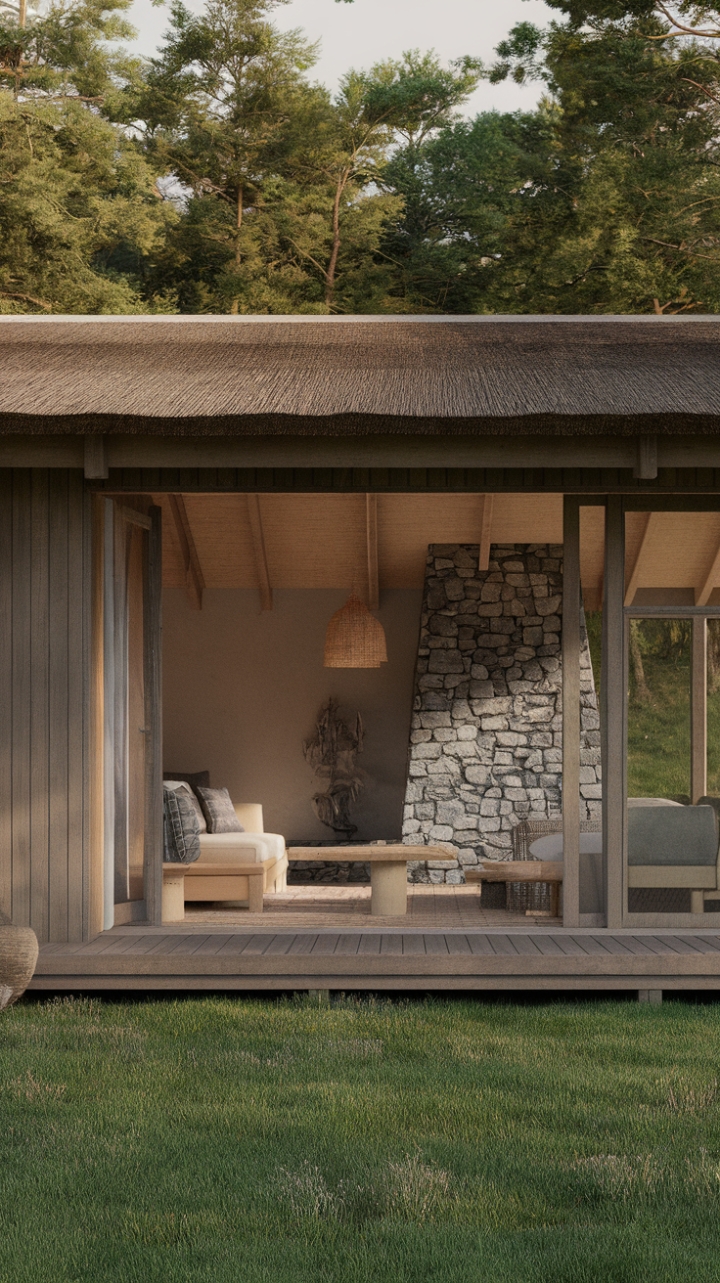 This contemporary cottage, with its rustic wooden façade and charming thatched roof, stands as a serene sanctuary amidst a lush green landscape. Inside, the minimalist design fosters a cozy atmosphere, featuring a few carefully chosen pieces of furniture, including a welcoming sofa and a rustic wooden table. The stone fireplace adds a touch of warmth and character, making this inviting space the perfect escape for those seeking tranquility and connection with nature.