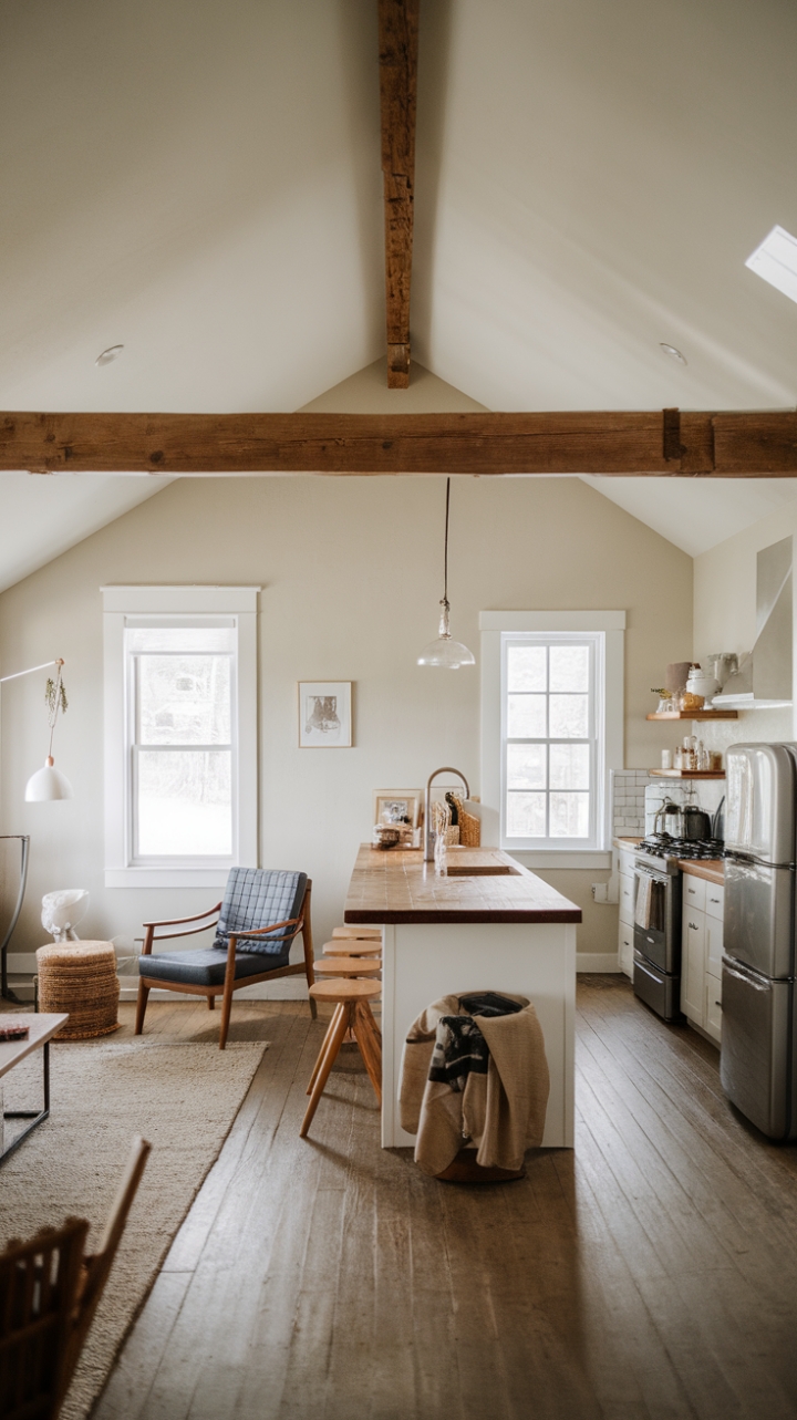 Embrace the charm of modern rustic living in this airy cottage, where minimalist design meets cozy comfort. The open-plan layout seamlessly blends a sun-drenched living area with a rustic kitchen, creating a space that's both stylish and inviting. Natural light dances across whitewashed walls and warm wood floors, highlighting the simple elegance of the handcrafted details.