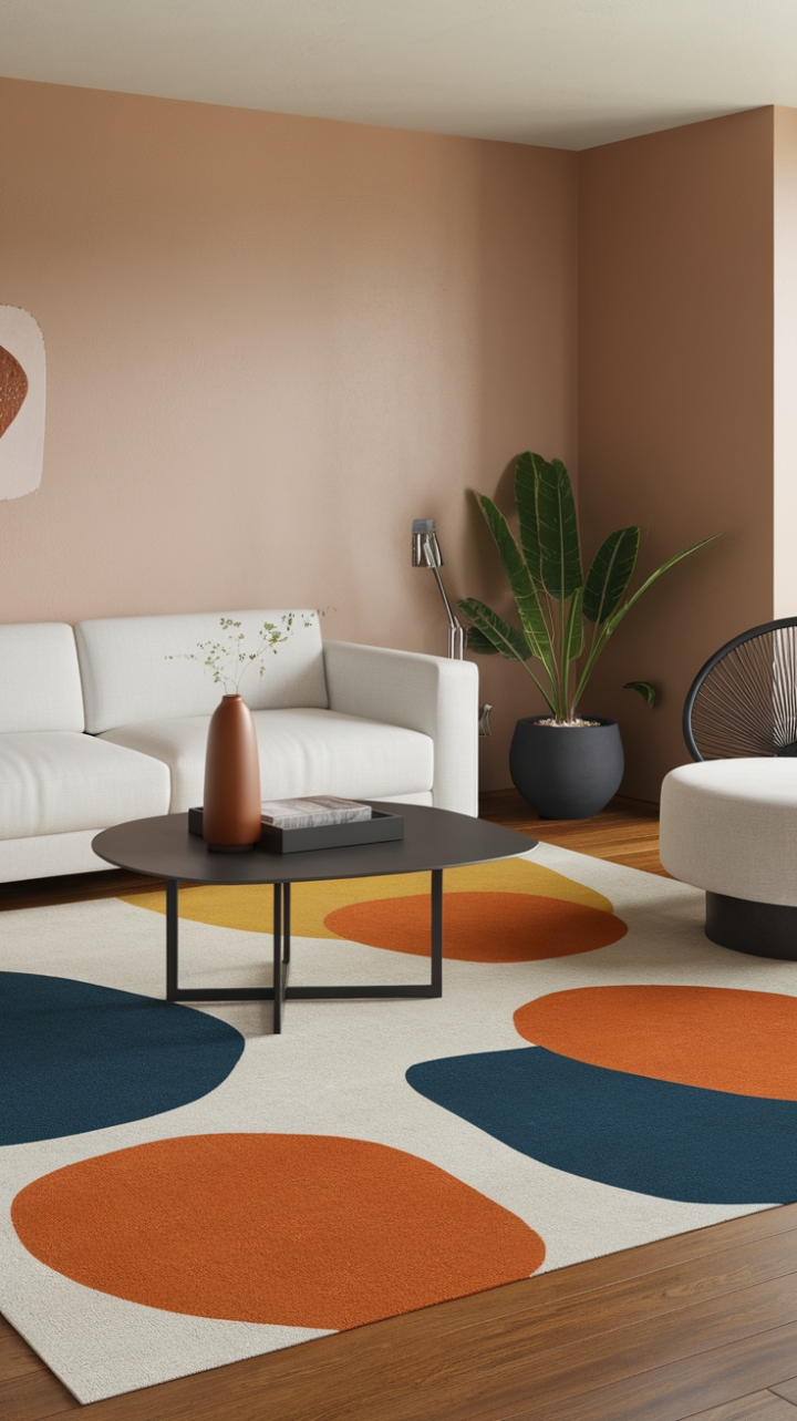 Modern minimalism meets playful artistry in this living room. A striking abstract rug in a dynamic palette of blue, orange, and yellow anchors the space, adding unexpected vibrancy to the sleek white sofa and black coffee table. The soft beige walls and hardwood floors provide a calming backdrop, while a potted plant adds a touch of organic life.