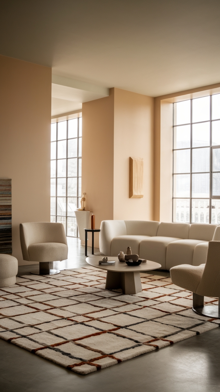 In this stunning contemporary living room, sleek lines and a minimalist aesthetic come together to create a tranquil oasis. The plush modern area rug, adorned with a trendy pattern, adds a touch of warmth beneath the pristine white sofa and chic chairs. Soft-hued walls provide a calming backdrop, while thoughtfully placed home accessories bring character to the space. Bathed in natural light from expansive windows, this room invites relaxation and stylish living in perfect harmony.