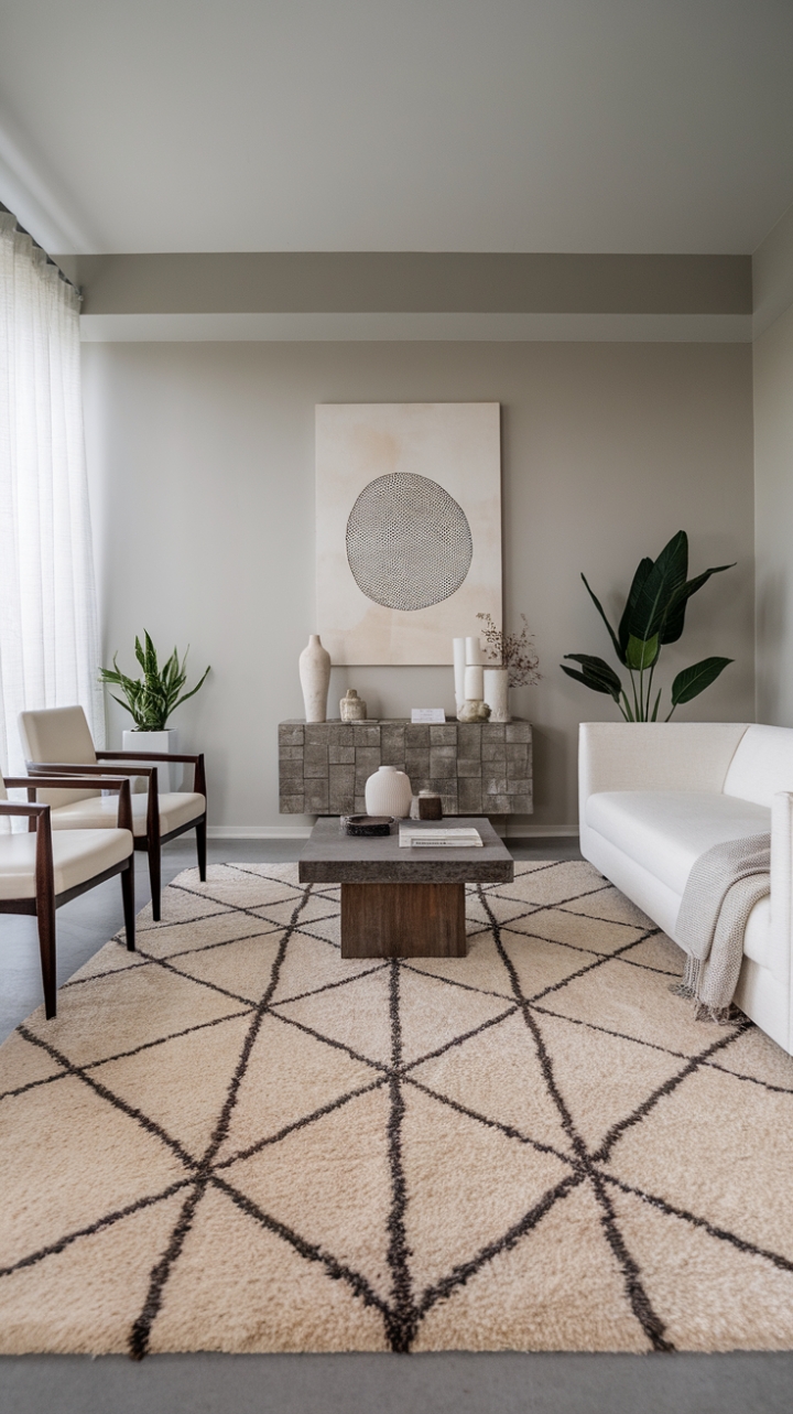 Unwind in understated elegance. This contemporary living room, anchored by a geometric beige rug and a cloud-like white sofa, defines minimalist chic. The subtle interplay of textures and the soft gray walls create a haven of calm sophistication.