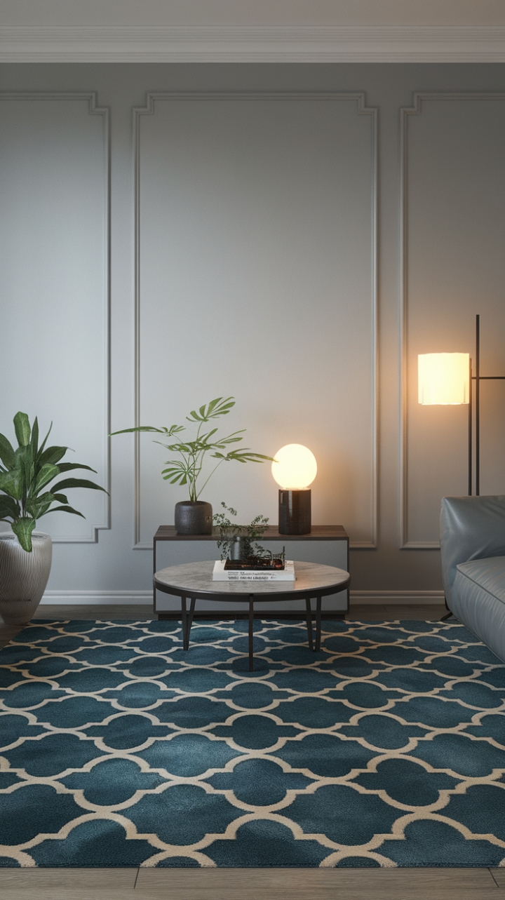 Cool serenity meets modern chic in this minimalist living room. A captivating blue and white patterned rug anchors the space, its playful design a vibrant counterpoint to the crisp white walls. Subtle pops of greenery and carefully chosen accessories complete the look, creating an oasis of calm and sophisticated style.
