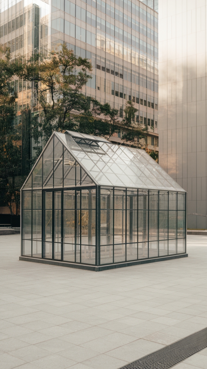 Urban Oasis: A minimalist glass haven redefines indoor-outdoor living. Geometric lines and soft light create a sanctuary of serenity amidst the city's pulse. The perfect blend of high-tech functionality and tranquil beauty.