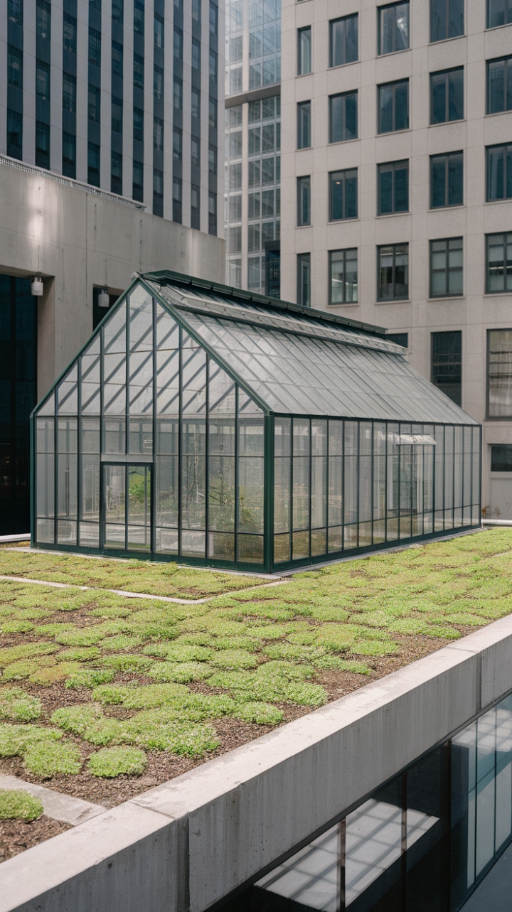 Glass and Greenery: Imagine waking to the gentle sunlight filtering through this breathtaking, modern greenhouse. Its verdant roof, a carpet of living plants, provides a striking juxtaposition against the backdrop of a bustling city. A testament to sophisticated urban living, where nature finds its place in the most unexpected settings.