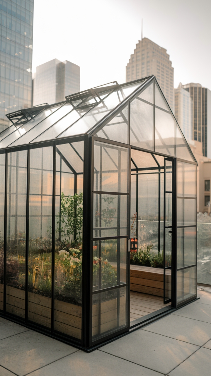 Urban oasis meets minimalist marvel. This contemporary glass greenhouse, nestled amidst a city skyline, offers a tranquil escape where nature and modern design intertwine. A wooden bench invites quiet contemplation amidst the soft light and flourishing greenery.