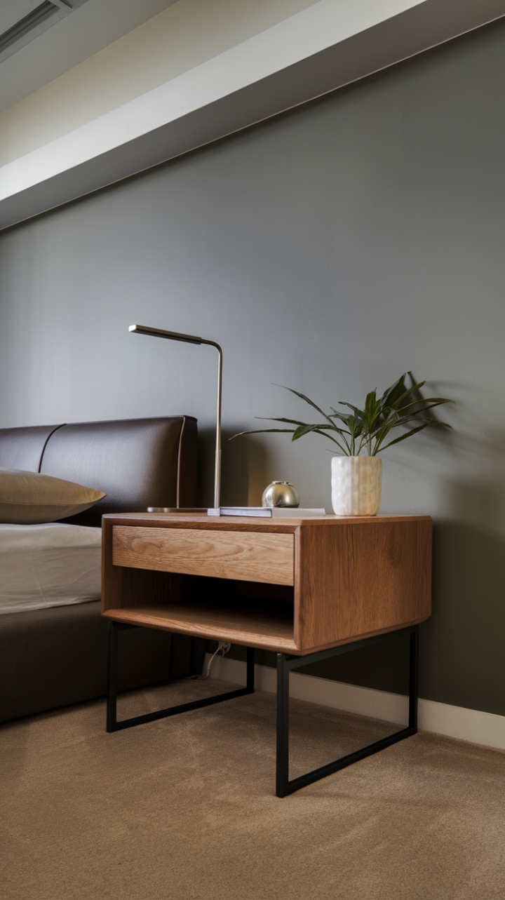 This contemporary nightstand embodies the essence of minimalist design, showcasing a seamless blend of functionality and style. Crafted from rich wood, it features a single drawer for discreet storage and a small shelf that invites personal touches, like a favorite book or a cherished photo. Positioned beside a modern bed, the nightstand complements the serene ambiance of the room, where soft grey walls meet a crisp white ceiling. A stylish lamp casts a warm glow, while a vibrant plant adds a refreshing pop of life, all resting atop a plush beige carpet that ties the space together in understated elegance.