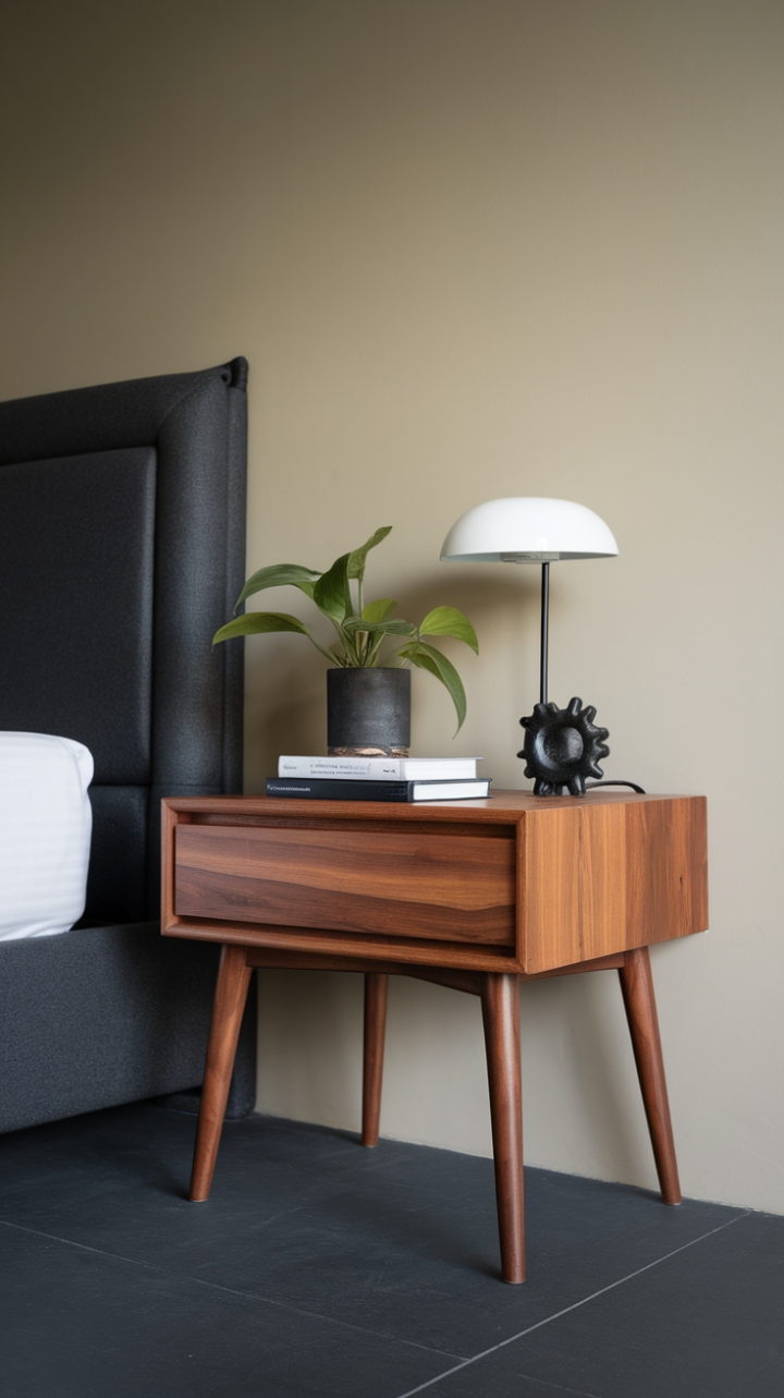 This contemporary nightstand embodies the essence of minimalist design, showcasing a seamless blend of functionality and style. Crafted from warm wood, it features a single drawer that offers discreet storage while maintaining a clean silhouette. Positioned beside a modern bed adorned with a dark gray headboard, the nightstand serves as a perfect canvas for a chic white lamp that casts a soft glow, a vibrant green plant that breathes life into the space, and a striking black accessory that adds a touch of sophistication. The room's beige walls and dark gray floor create a harmonious backdrop, enhancing the overall serene ambiance.
