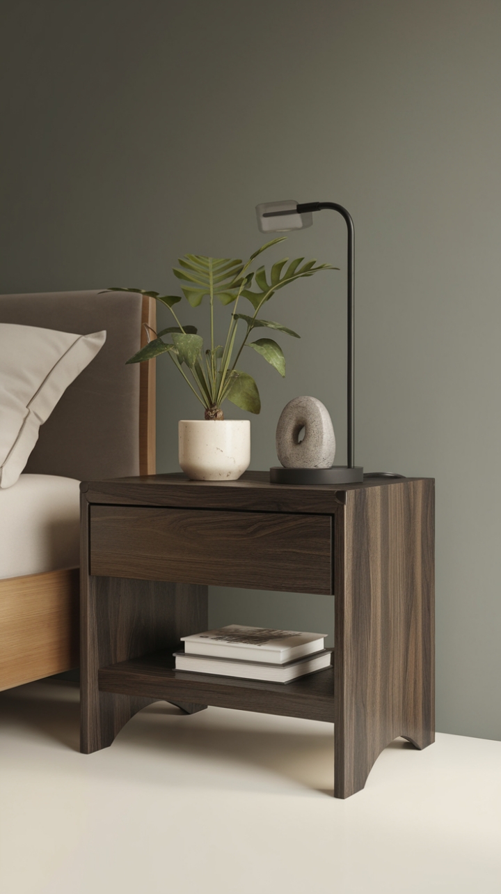 This contemporary nightstand embodies the essence of minimalist design, showcasing a sleek urban aesthetic that perfectly complements any modern bedroom. Crafted from rich, dark-finished wood, it features a single drawer for discreet storage and a small shelf that adds a touch of greenery with a vibrant plant. A stylish lamp and a carefully chosen decorative object sit atop, creating a harmonious balance of function and artistry against the serene backdrop of a calming beige wall.