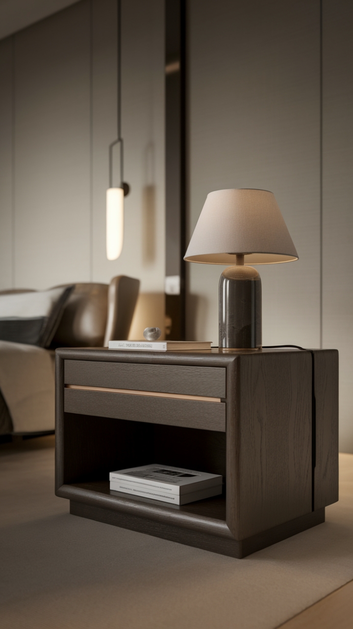 This contemporary nightstand, crafted from sleek dark wood with subtle grooves, serves as a striking focal point in the minimalist bedroom. Its clean lines and functional design are complemented by a stylish lamp and a chic lampshade, casting a warm glow that enhances the room's serene ambiance. With a convenient drawer and an open shelf, it offers both practicality and elegance, harmonizing beautifully with the understated decor of the space, which features a plush bed and a simple chair, all bathed in soft, inviting light.