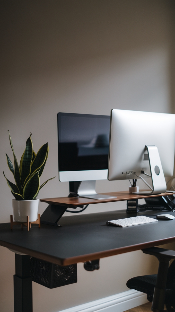 Uncluttered chic meets ergonomic perfection. This contemporary workspace seamlessly blends style and functionality, proving that productivity can be beautiful. The adjustable height desk, minimalist design, and calming neutral backdrop create an oasis of calm amidst the workday hustle.