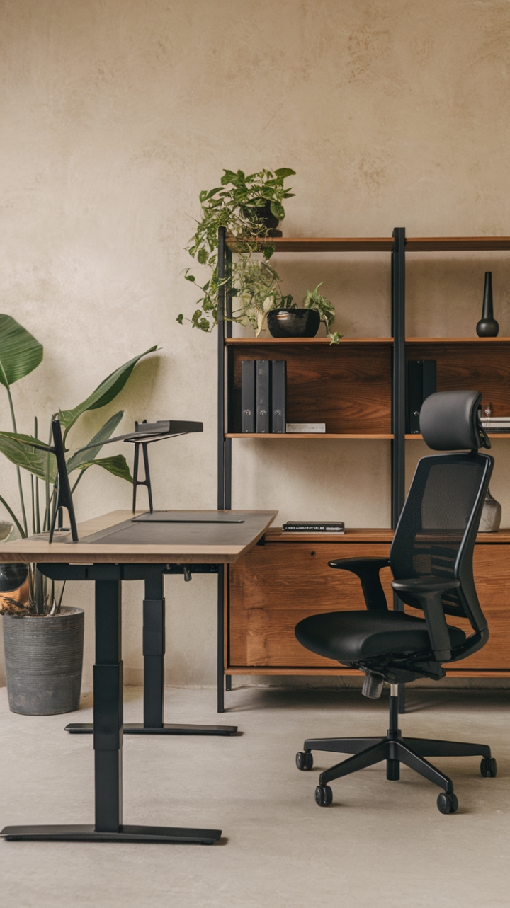 This contemporary office desk embodies the perfect blend of style and functionality, featuring an ergonomic design with adjustable height to cater to your working needs. The sleek wooden top, supported by a striking black metal frame, adds a touch of modern sophistication to the minimalist office setting. Accompanied by a chic black chair with a supportive backrest, this workspace is ideal for both executive and home office environments. A few carefully placed potted plants breathe life into the space, while a wooden shelf displays curated items, all against a beautifully textured beige wall that enhances the overall aesthetic.