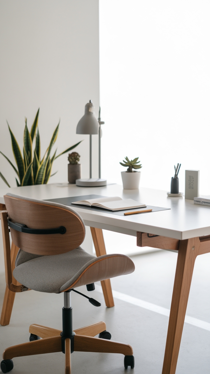 In this beautifully curated workspace, the minimalist office desk stands as a testament to modern design, showcasing a smooth white surface that harmonizes with the warm wood accents. The gray adjustable chair, featuring a wooden frame and cushioned seat, invites comfort while maintaining a chic appearance. Sunlight floods the room, illuminating the carefully selected decor items-a lively plant, a sleek lamp, a notebook, and a pen-each adding a touch of personality without overwhelming the space. The uncluttered backdrop enhances the desk's sophisticated simplicity, making it an ideal setting for inspiration and productivity.