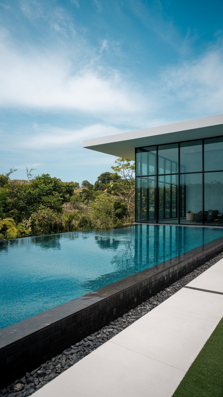 Experience the epitome of modern luxury with this stunning outdoor infinity pool, where the rich dark blue hue of the water creates a captivating contrast against the immaculate white deck. The pool's stylish overhang enhances its contemporary allure, while the surrounding lush greenery and a sleek glass-fronted building provide a breathtaking backdrop. Bathed in natural light beneath a clear sky, this tranquil space invites you to unwind and revel in the beauty of outdoor living at its finest.