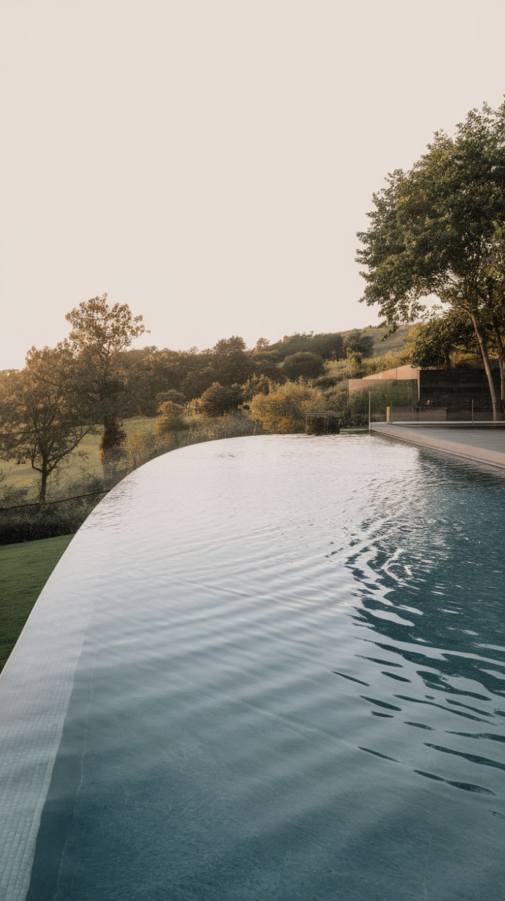 Dive into tranquility. A sleek, contemporary pool, framed by lush greenery, offers a breathtaking escape. The infinity edge dissolves the boundary between water and landscape, creating a mesmerizing visual that embodies refined style and peaceful escape.