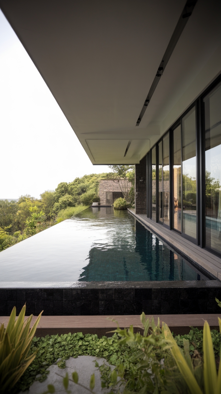 Indulge in the ultimate serenity. A matte black infinity pool, seamlessly blending modern design with breathtaking natural beauty, beckons you to unwind amidst lush greenery and the sophisticated backdrop of a luxurious villa. The minimalist aesthetic and rich textures create an oasis of tranquility.