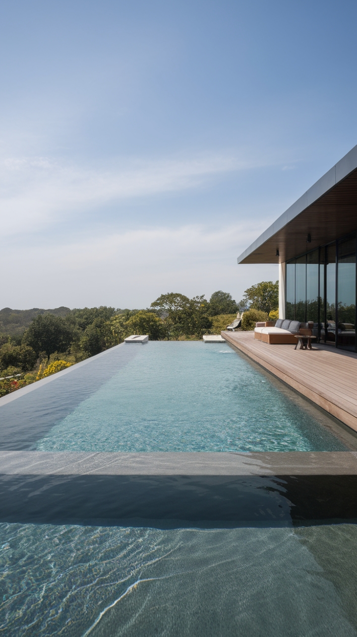 Where the turquoise water meets the boundless sky, tranquility finds its ultimate expression. Sun-drenched wooden decking, minimalist in design, offers a haven of repose, overlooking a vibrant landscape that whispers promises of serenity. This is more than a pool; it's a sanctuary.