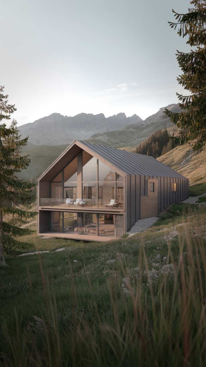 Where mountain majesty meets minimalist marvel. This alpine sanctuary, crafted from wood and glass, seamlessly blends sleek design with breathtaking natural beauty. The expansive deck beckons you to soak in the panoramic views, while the home's clean lines and sophisticated aesthetic create an oasis of tranquility.
