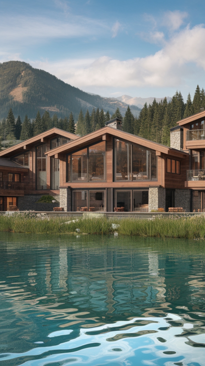 Nestled in a breathtaking alpine landscape, this collection of contemporary mountain homes showcases a harmonious blend of rustic charm and modern elegance. Crafted from warm wood and sleek glass, each residence boasts expansive windows that frame stunning views of the majestic mountains and the tranquil lake below, where the crystal-clear waters mirror the sky. Surrounded by towering trees and bathed in natural light, these homes offer a serene retreat that perfectly captures the essence of mountain living, inviting you to bask in the beauty of nature from the comfort of your stylish sanctuary.