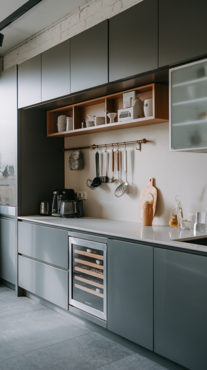 This contemporary kitchen embodies the essence of minimalist design, showcasing a harmonious blend of functionality and style. The dark grey cabinetry, with its sleek finishes and clean lines, creates a striking contrast against the pristine white countertops, where modern appliances are thoughtfully arranged for both convenience and aesthetic appeal. Grey tiled flooring adds a touch of sophistication, while carefully curated decorative items on the wall infuse personality into the space, making it not just a kitchen, but a chic culinary haven.