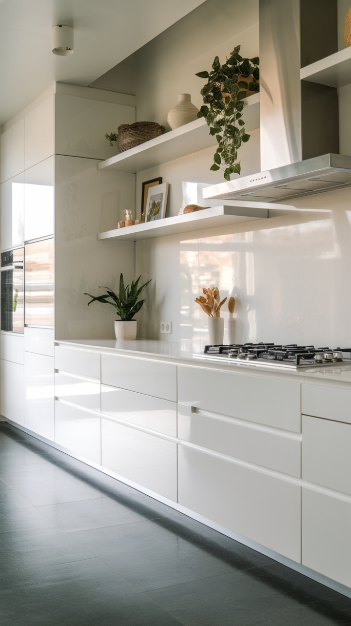 Imagine waking up to this: a pristine white kitchen, bathed in natural light, where every detail whispers sophistication. The minimalist design, punctuated by lush greenery and high-end stainless steel appliances, creates a space that's both calming and inspiring.