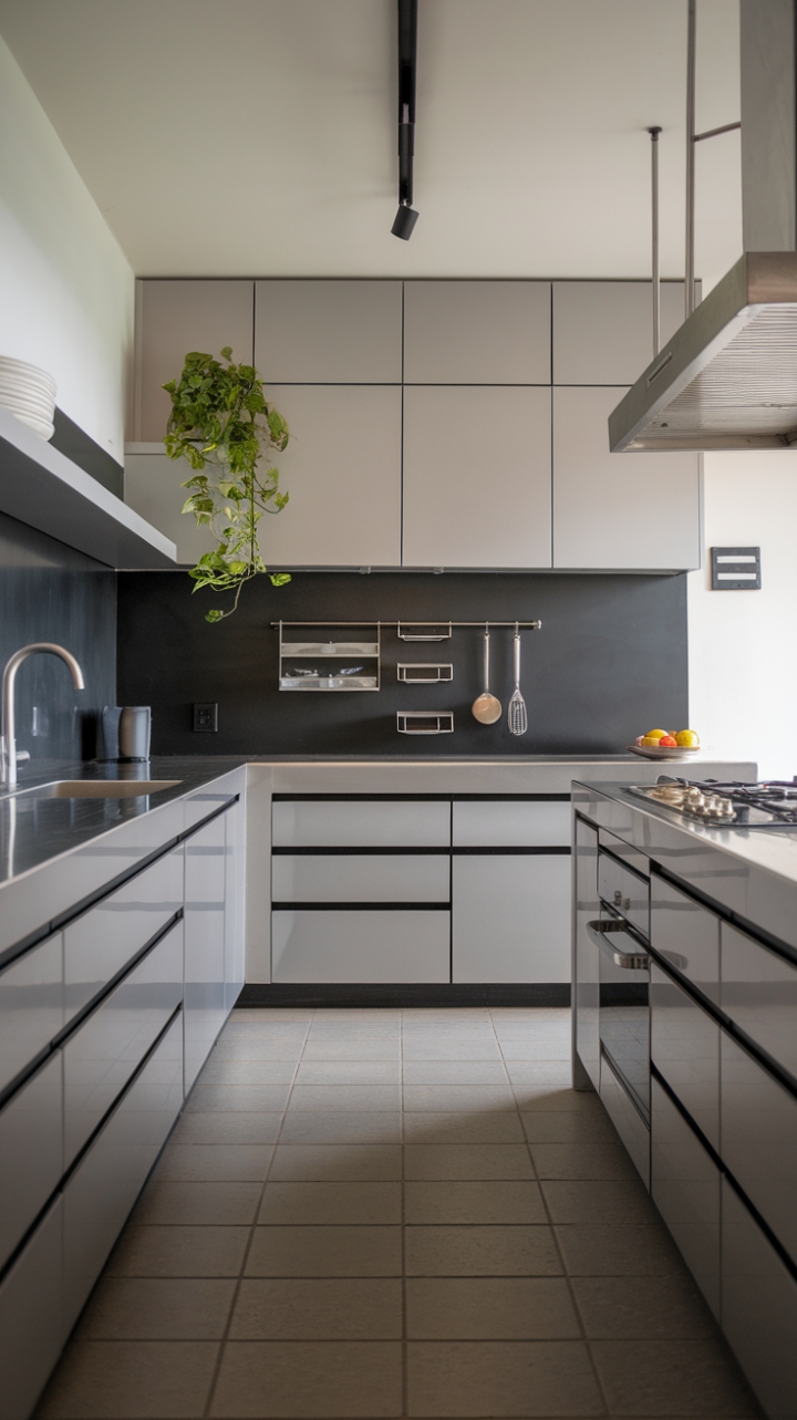 Modern minimalism takes center stage in this stunning kitchen. Black cabinetry with clean lines commands attention, while white countertops provide a bright contrast. A chic stainless-steel backsplash and stylish organizers add a touch of sophistication. The subtle green of a potted plant and bright, modern lighting complete this picture of contemporary kitchen perfection.