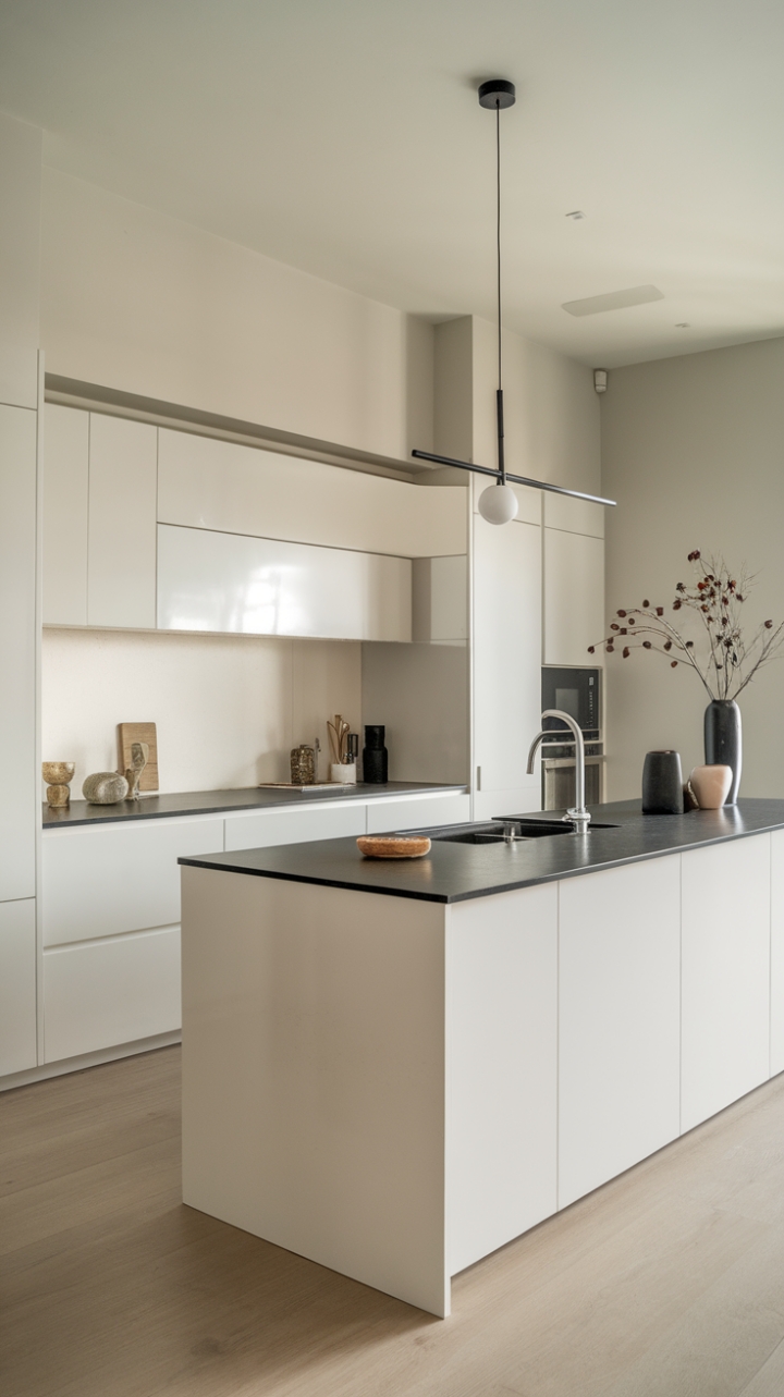 Embracing a clean and modern aesthetic, this kitchen showcases a sleek island that commands attention amidst the minimalist backdrop of white cabinetry and a bold black countertop. The pendant light above the island casts a warm glow, enhancing the inviting ambiance, while the light wood flooring and soft grey walls create a harmonious balance of warmth and sophistication. With just a few thoughtfully chosen decorative accents, this space embodies the perfect blend of functionality and style, making it an ideal setting for both cooking and entertaining.