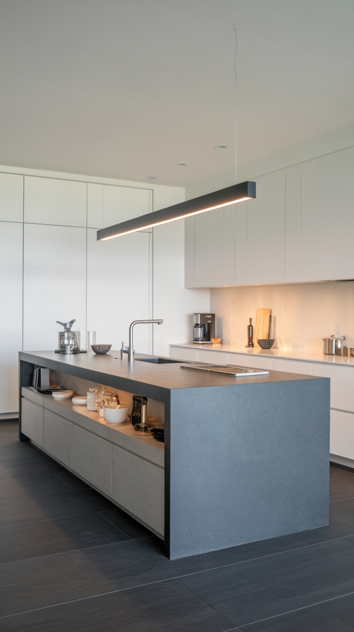 A stunning blend of form and function, this contemporary kitchen showcases a striking kitchen island that combines practicality with style. The dark gray countertops provide a bold contrast against the pristine white walls and cabinets, creating a fresh and inviting ambiance. With a thoughtfully designed workspace that includes a sink and essential appliances, this kitchen is as functional as it is beautiful. The sleek dark gray tiles underfoot ground the space, while the modern lighting above the island casts a warm glow, making it an ideal setting for both cooking and entertaining.