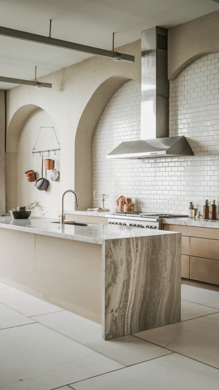 A vision of modern elegance, this minimalist kitchen showcases a harmonious blend of functionality and style. The striking kitchen island, crowned with a sumptuous marble countertop, serves as both a culinary workspace and a social hub, complete with a sleek sink and faucet. The pristine white tile backsplash enhances the airy feel, while the stainless steel range hood above the stove adds a touch of industrial flair. Large white tiles underfoot create a cohesive look, and the walls are tastefully decorated with hanging pots and a stylish light fixture, infusing the space with warmth and character.