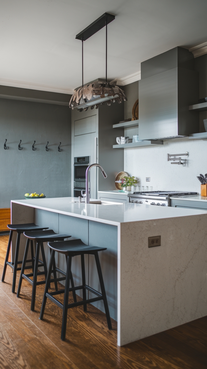 Modernity meets minimalist chic in this stunning kitchen. The sleek, white island is a focal point, its cool elegance enhanced by the gray walls and backsplash. Black stools add a touch of drama, while the carefully curated details-a statement light fixture, minimalist hardware-create a space that is both stylish and functional. The warm hardwood floors ground the design, adding a touch of unexpected warmth.