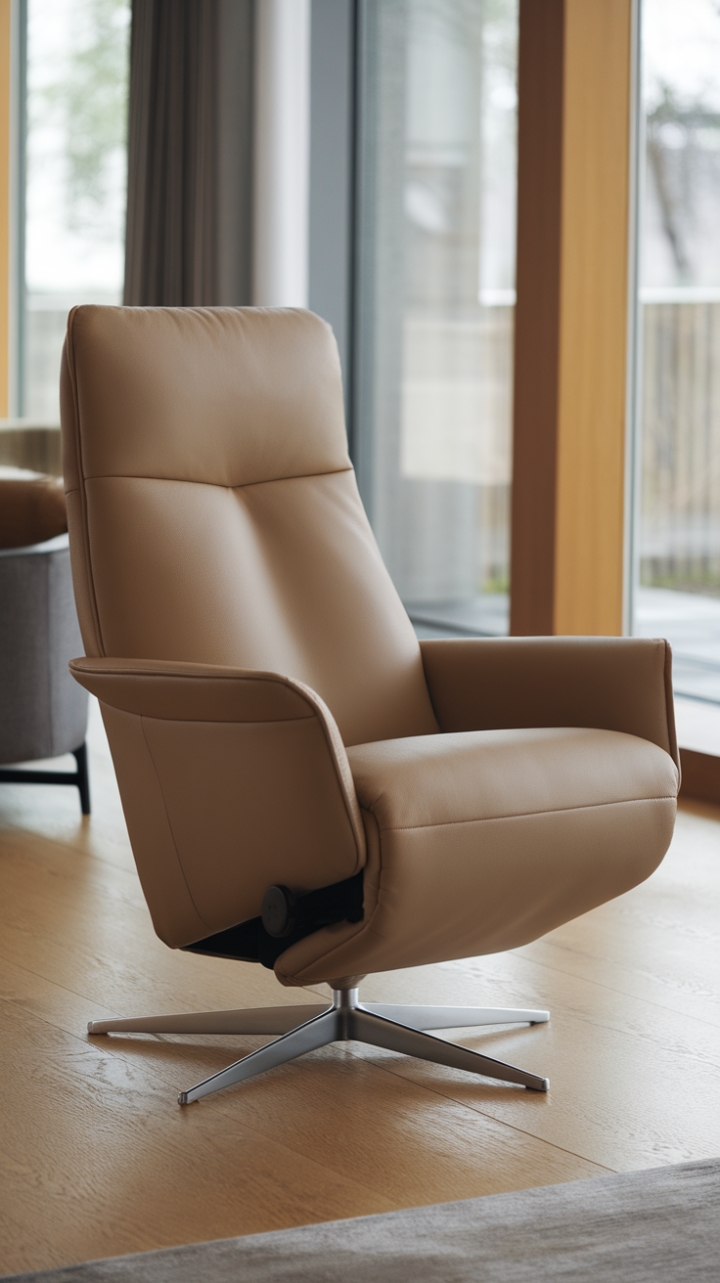 This modern recliner embodies the perfect fusion of style and comfort, showcasing a minimalist design that enhances the contemporary aesthetic of the living room. Its sleek lines and ergonomic shape invite relaxation, while the warm wooden floor and expansive window bathe the space in natural light, creating an inviting atmosphere. Complemented by carefully curated furniture pieces, this recliner stands as a statement of sophistication, making it an ideal focal point for both casual lounging and stylish gatherings.