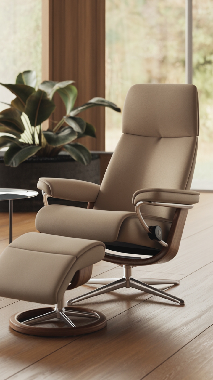 Discover the ultimate in modern comfort with this chic ergonomic recliner, beautifully positioned in a contemporary space that radiates warmth and sophistication. The soft beige upholstery complements the room's wooden floors, while the large window allows sunlight to dance across the sleek lines of the chair. With an adjustable backrest and footrest, this minimalist design not only prioritizes relaxation but also harmonizes with the surrounding decor, including a vibrant plant and a stylish side table, crafting a perfect retreat for leisurely afternoons.