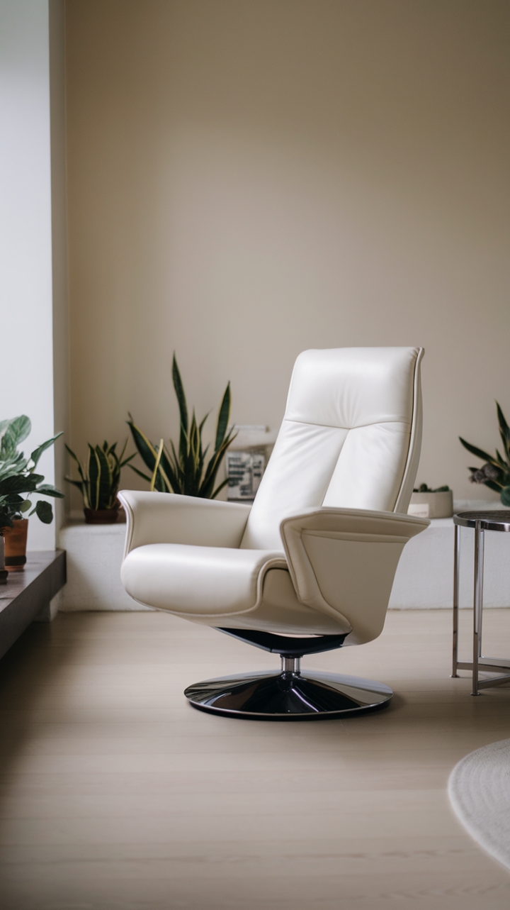 Indulge in understated luxury. This minimalist living room, bathed in natural light, showcases the perfect blend of comfort and contemporary style. A pristine white leather recliner, perched on a gleaming chrome base, invites you to unwind amidst the calming beige walls and light wood floors. Subtle pops of green from potted plants and the soft glow of a nearby lamp complete this serene sanctuary.
