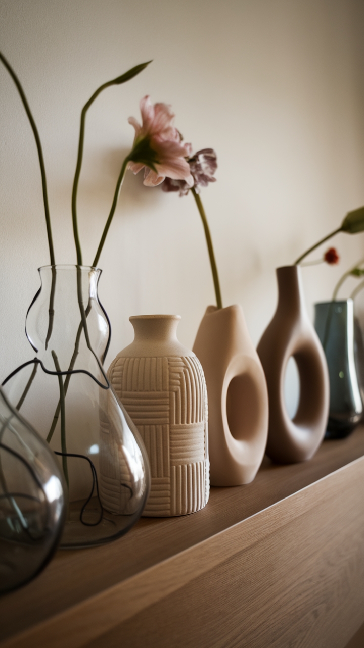 This exquisite collection of contemporary vases transforms a simple wooden shelf into a stylish statement piece. The interplay of glass and ceramic, featuring abstract and geometric designs, creates a dynamic visual experience, while the minimalist curved vase adds a touch of sophistication. With soft lighting bathing the arrangement, the delicate flowers within each vessel come to life, inviting a sense of tranquility and artistry that elevates the entire space.