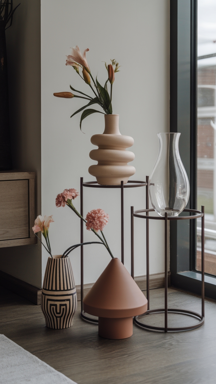 A symphony of form and function: contemporary vases in swirling ceramic, sleek glass, and artistic geometric patterns unite on a simple wooden stand, their floral displays a burst of color against the backdrop of a bright, minimalist living space. The carefully curated collection speaks volumes about the homeowner's discerning taste and appreciation for modern aesthetics.