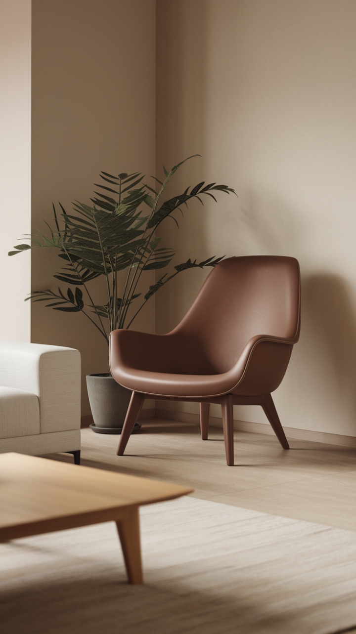 In this serene modern living room, a contemporary lounge chair takes center stage with its sleek, minimalist design and gracefully curved backrest, inviting relaxation and style. The soft beige walls and light wooden floor create a warm backdrop, while the potted plant beside the chair adds a touch of nature, enhancing the tranquil atmosphere. Complemented by a crisp white couch and a rustic wooden coffee table, the space exudes an understated elegance, bathed in soft lighting that highlights the harmonious blend of textures and tones.