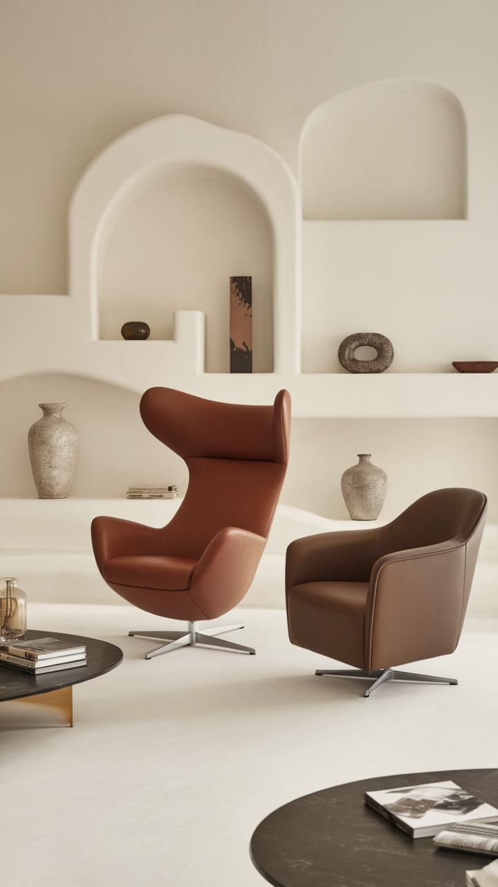 Sculptural seating takes center stage in this serene minimalist living room. Clean lines and a soft palette create a haven of calm, punctuated by carefully curated accents. The perfect blend of form and function for the modern aesthete.