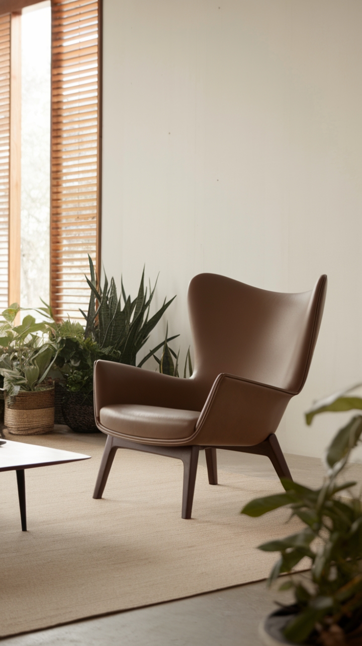 In this serene minimalist living room, a stunning contemporary lounge chair takes center stage, showcasing its sleek design and gracefully curved back that invites relaxation. Set against a pristine white wall, the chair's sturdy frame complements the soft beige area rug beneath it, creating a harmonious balance of textures. Nearby, lush greenery breathes life into the space, while a stylish table adds a touch of sophistication. The large windows, adorned with elegant wooden blinds, flood the room with natural light, enhancing the tranquil atmosphere and making this a perfect retreat for unwinding in style.