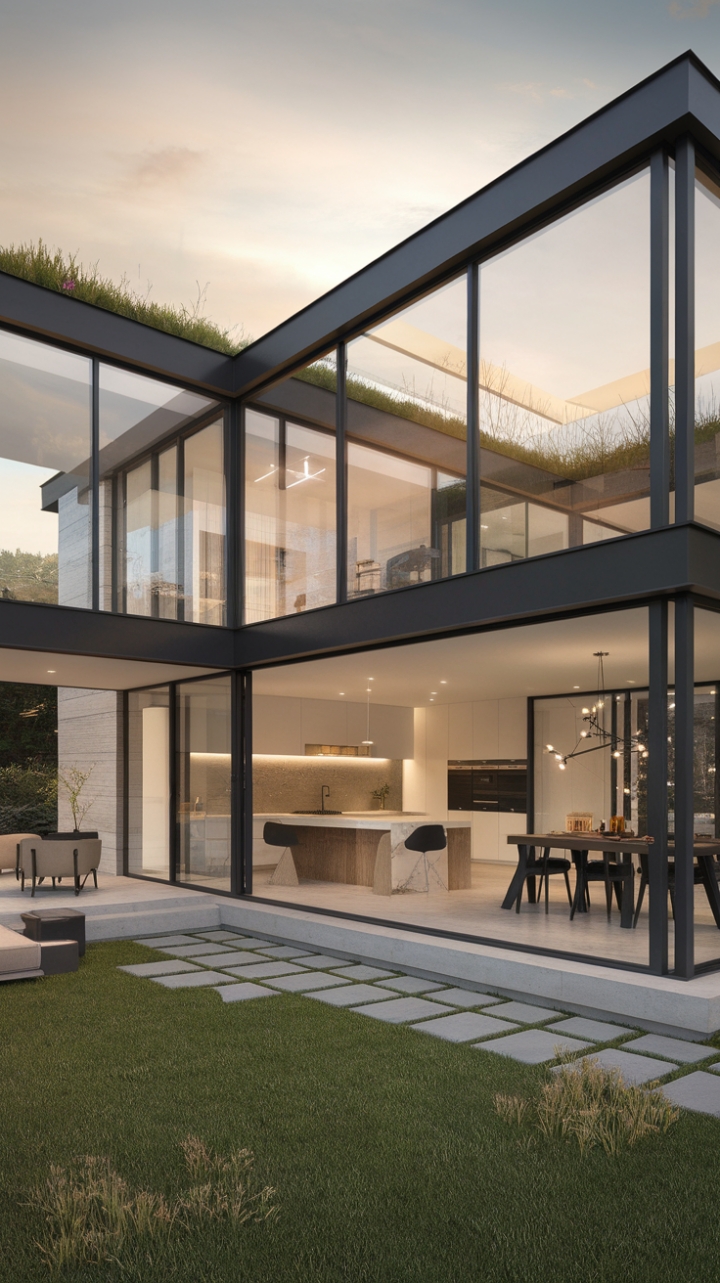 This contemporary home embodies the essence of minimalist design, showcasing a harmonious blend of modern architecture and sleek interiors. The open floor plan invites natural light to dance across the polished surfaces, while innovative materials like glass, steel, and concrete create a striking visual impact. Sustainability takes center stage with a lush green roof and energy-efficient appliances, ensuring that style and eco-consciousness go hand in hand. The thoughtfully designed living spaces, including a chic living room, an inviting dining area, and a state-of-the-art kitchen, offer the perfect backdrop for both relaxation and entertaining.