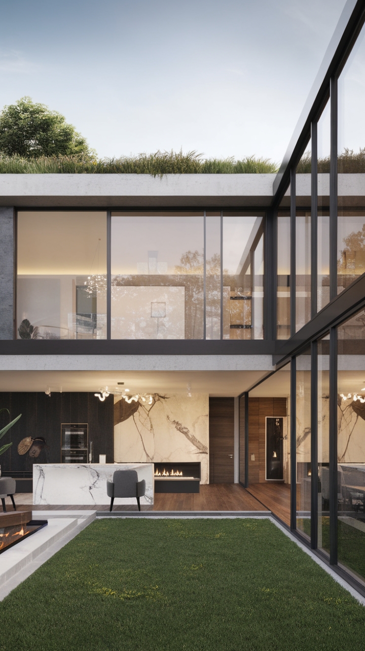 Glass, concrete, and green: this innovative urban residence redefines contemporary style. The open layout flows effortlessly between a luxurious marble kitchen and a warm, inviting living room with a fireplace, all while boasting sustainable features like a green roof and energy-efficient technology. Modern living, redefined.