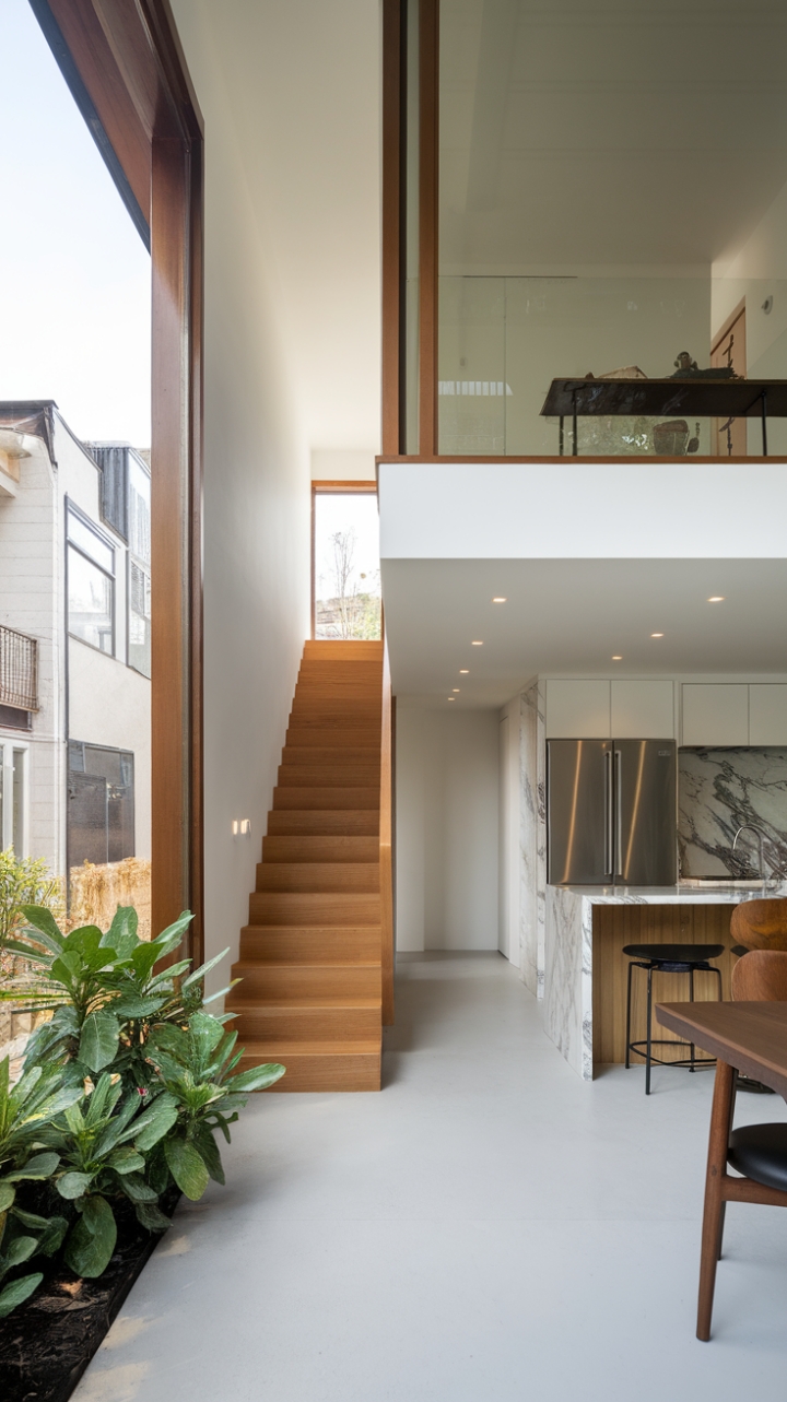 Behold, a haven of calm amidst the urban pulse. This light-filled minimalist home boasts a sophisticated open-concept design, featuring sustainable building materials and a captivating interplay of wood, marble, and stainless steel. The expansive window offers a dramatic view, while the carefully curated details-from the verdant plant to the elegant dining set-create a space that is both stylish and serene.