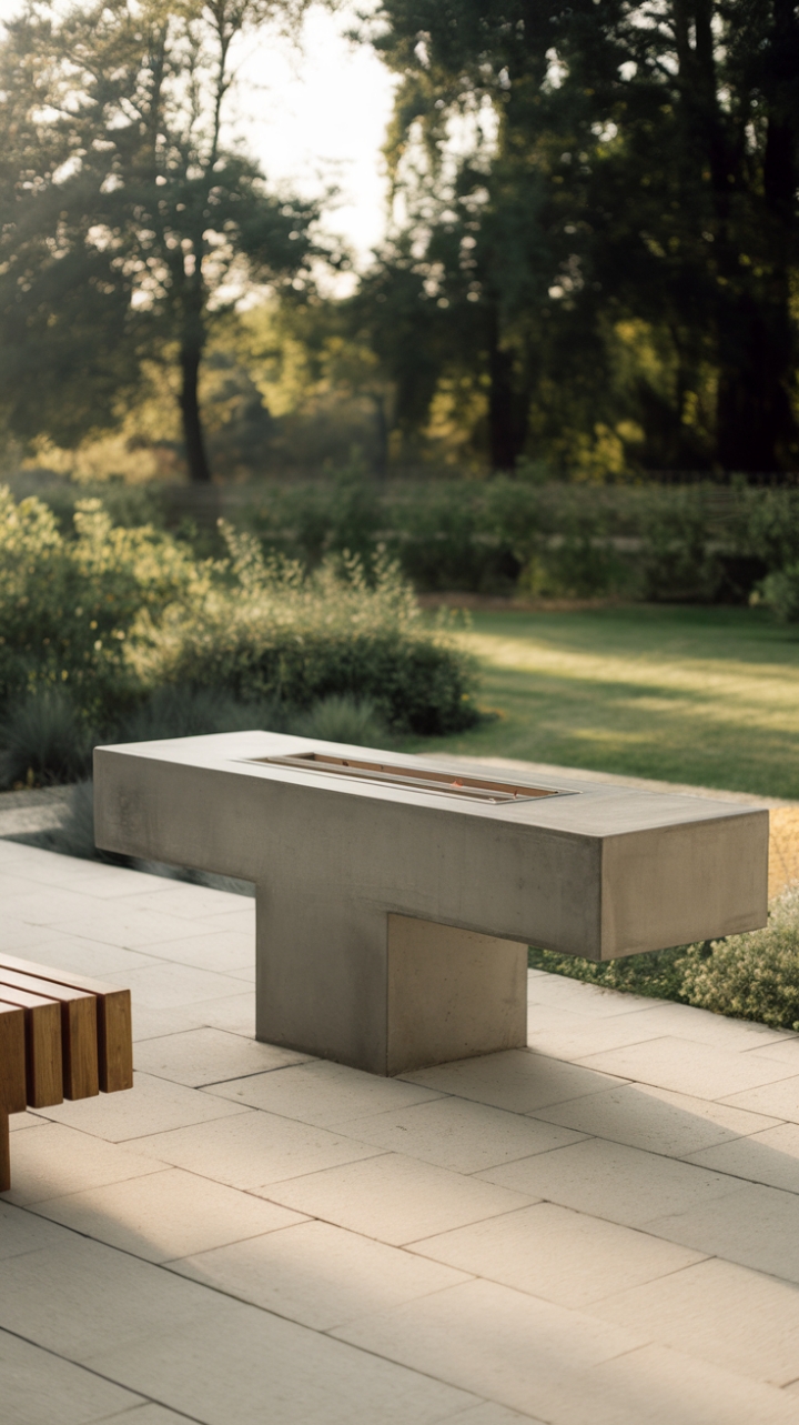 Embrace the essence of modern outdoor living with this chic concrete fireplace, a striking centerpiece on the paved patio that exudes sophistication. The smooth finish and minimalist lines create an inviting focal point, complemented by a charming wooden bench that beckons relaxation. Nestled against a backdrop of vibrant greenery, the soft lighting casts a warm ambiance, making this space a perfect sanctuary for intimate gatherings or quiet evenings under the stars.