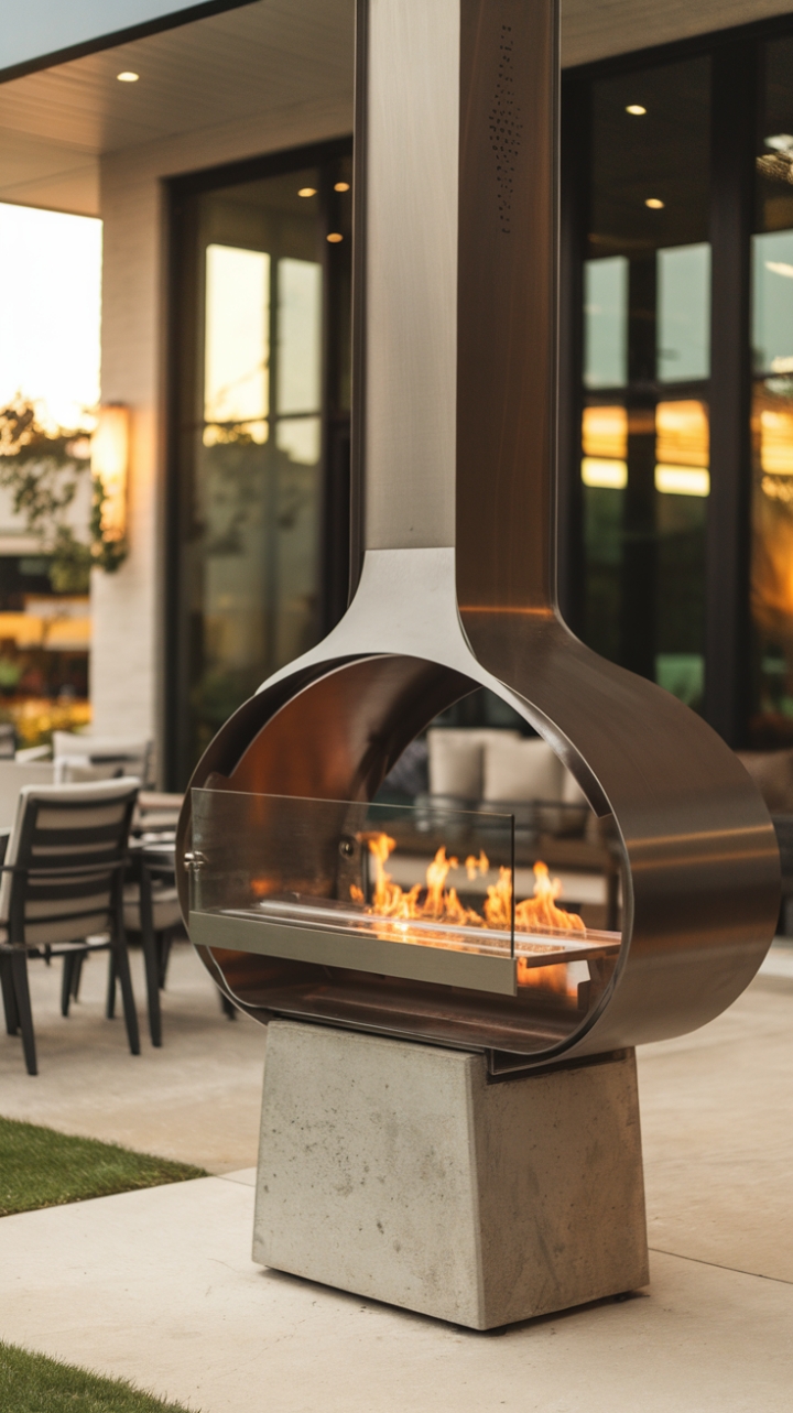 Embrace the allure of modern outdoor living with this striking fireplace, where the minimalist steel structure meets the soft glow of flames behind a clear glass panel. Nestled on a robust concrete base, it harmonizes beautifully with the surrounding patio, complete with comfortable seating and a stylish table, creating an inviting oasis for relaxation and connection.