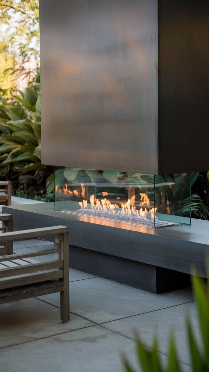 Embrace the allure of outdoor living with this sophisticated fireplace, where minimalist aesthetics meet functional design. The dark grey finish and glass screen harmoniously blend with the surrounding nature, while the concrete pad provides a sturdy base for relaxation. Wooden chairs nearby invite you to unwind, as the soft lighting casts a warm glow, enhancing the serene ambiance created by the lush greenery in the background.