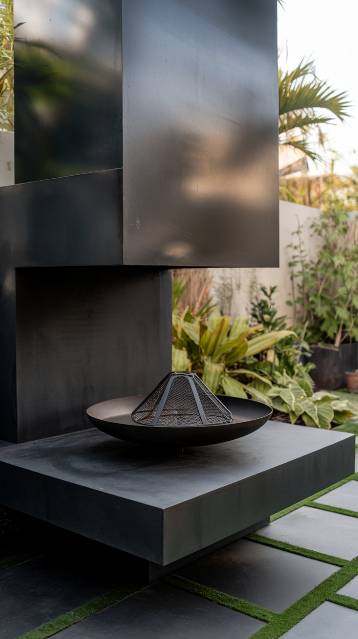 Unleash the drama of fire and nature with this striking outdoor fireplace. Its sleek, black concrete form commands attention, while the circular fire pit invites cozy gatherings under the stars. The minimalist design perfectly complements any modern landscape.