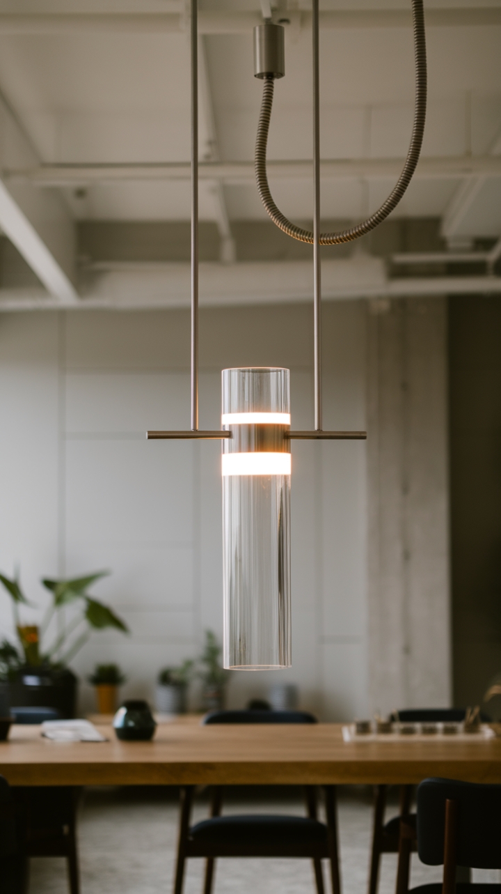 Sculptural illumination meets minimalist chic. This cylindrical glass pendant, suspended from a slender metallic frame, casts a warm glow over a modern dining scene, perfectly complementing the organic textures of wood and greenery.