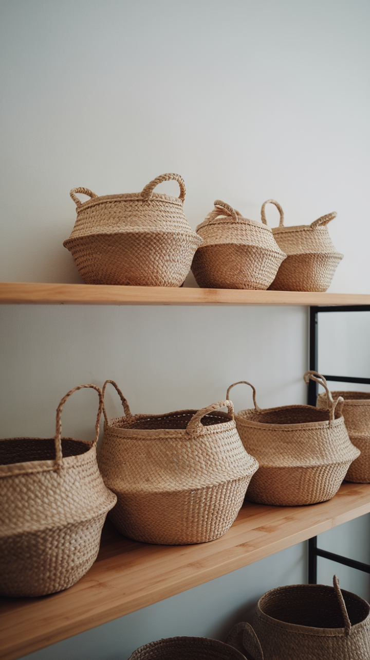 A symphony of simplicity: These exquisitely crafted baskets, perched on a warm wood shelf against a pristine white backdrop, inject a touch of organic warmth into a sleek, contemporary interior. A testament to the beauty of thoughtful detail.