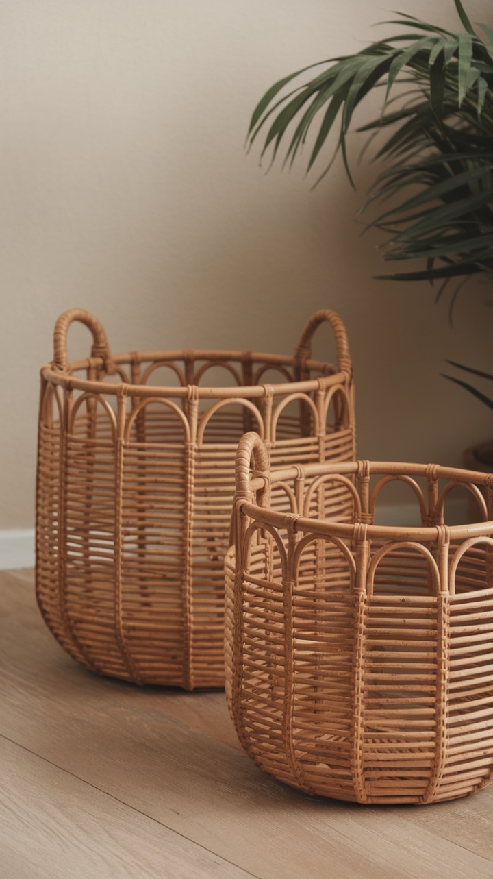 Sun-kissed style: Embrace natural beauty with these contemporary rattan baskets. Their simple design adds warmth and visual interest to your home, seamlessly blending function and form.